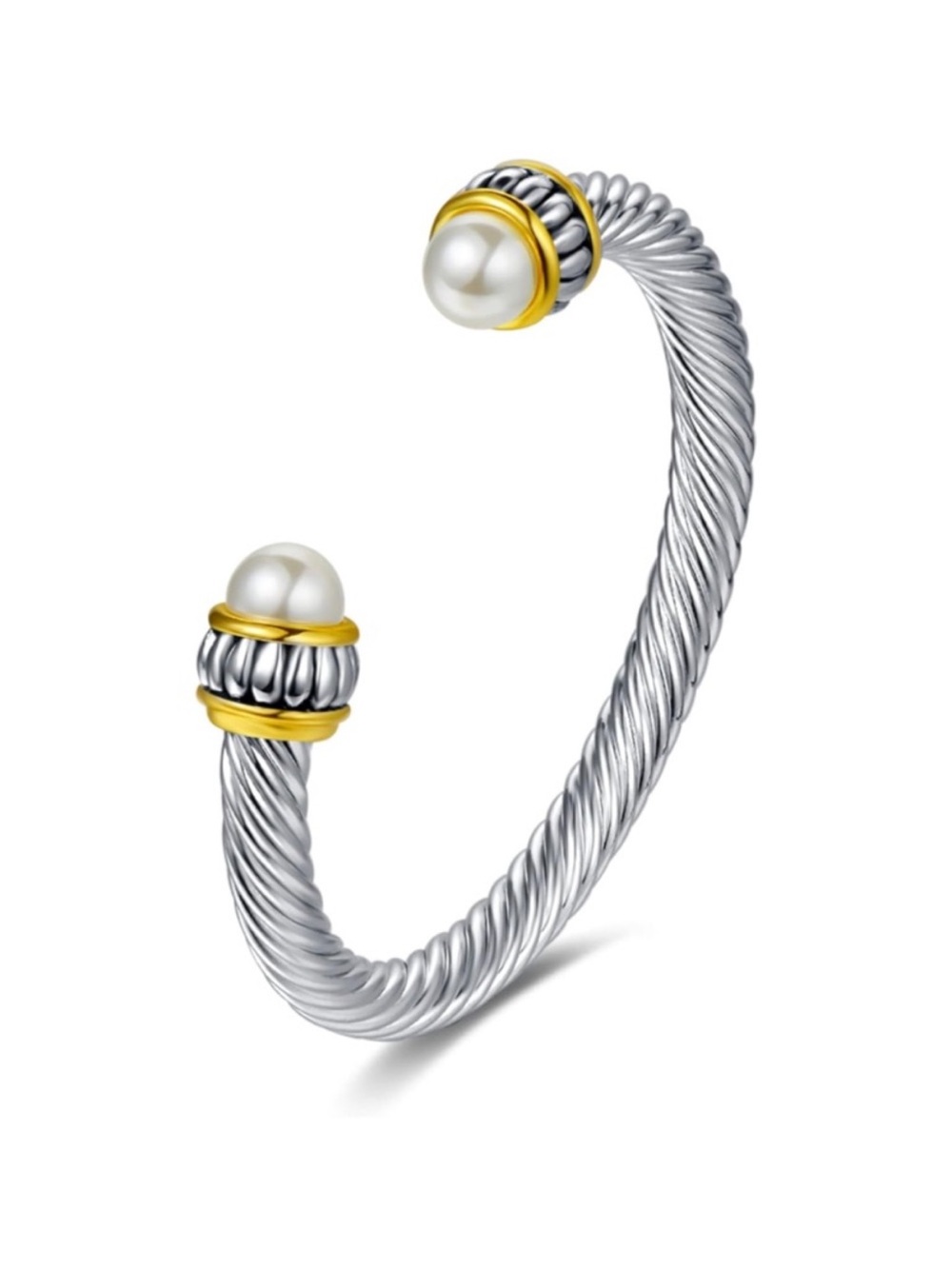 Silver Twisted Cuff Bracelet with Pearl and Gold Accents
